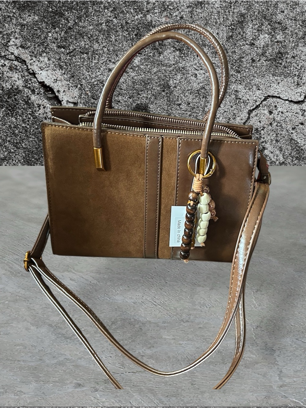 Women's Brown Suede Satchel with Bead Charm